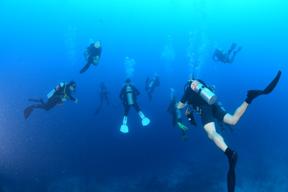 groep duikers in het blauw